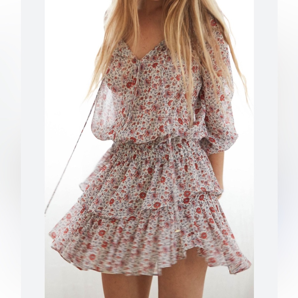 Love Shack Fancy Granada Floral Popover Dress in Sunrise Red